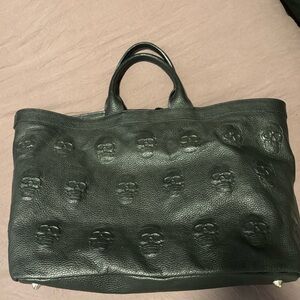 Black io pelle leather skull tote purse large
